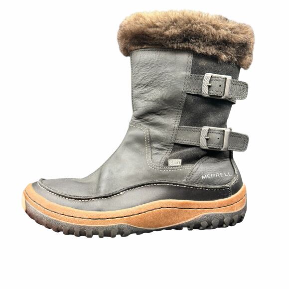 Merrell Decora Chant Leather Winter Boots Black 9.5 Waterproof Fur Trim - Picture 9 of 13